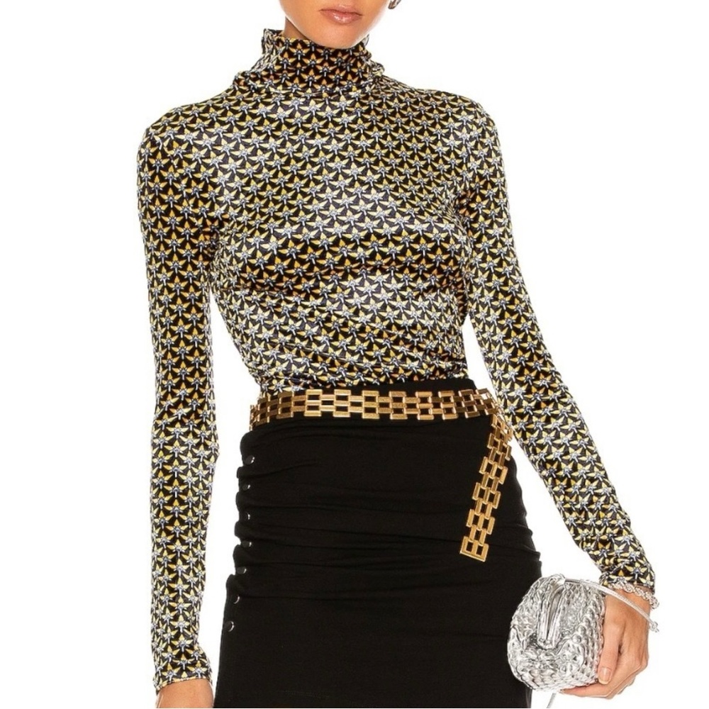 Paco Rabanne Navy Blue Yellow Velvet Velour Printed Turtleneck Mock Neck Top